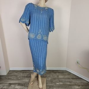 Vintage 2 piece beaded skirt and top set blue